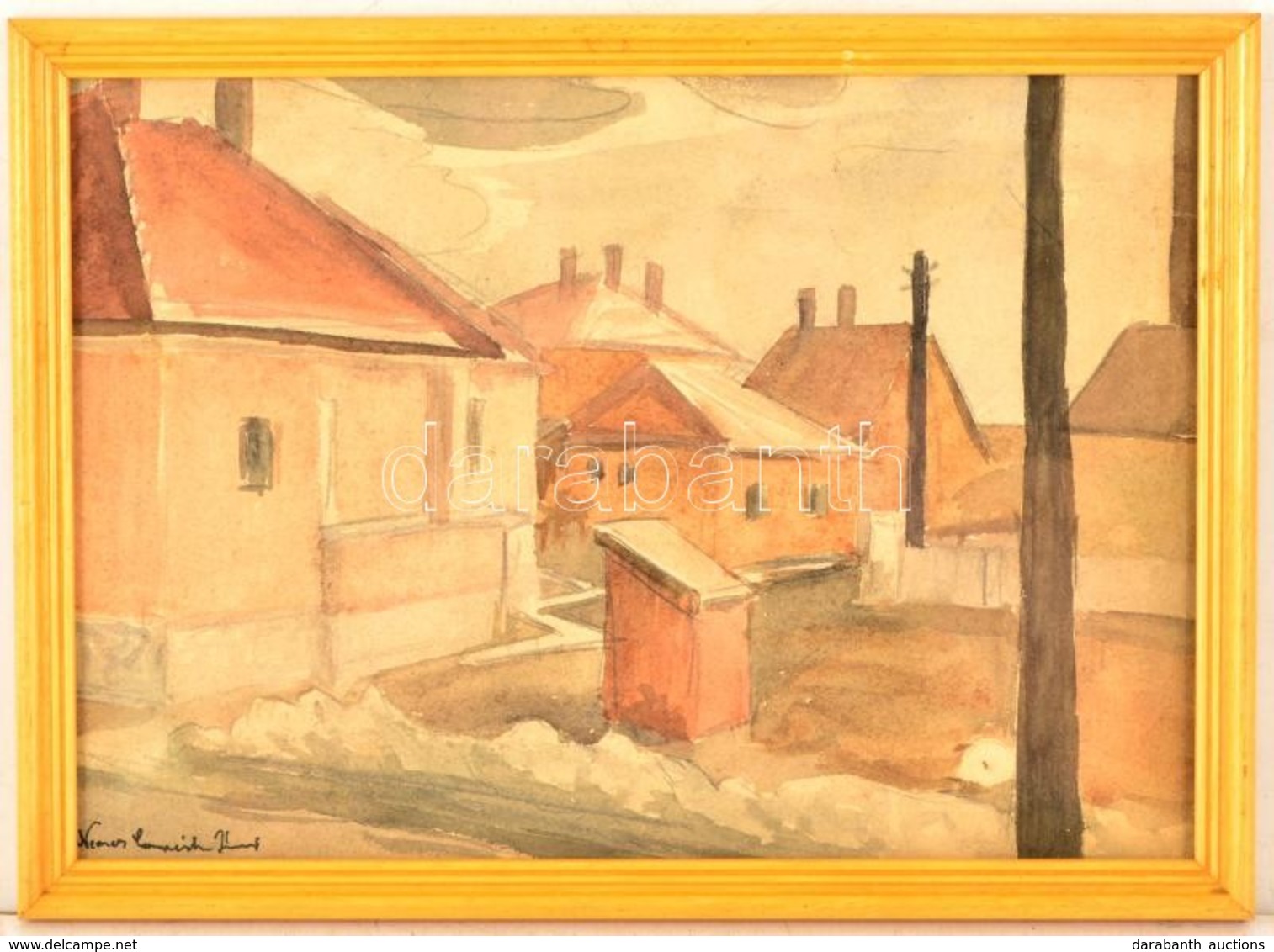 Nemes Jelzéssel: Házak. Akvarell, Papír, üvegezett Keretben, 20×28 Cm - Andere & Zonder Classificatie