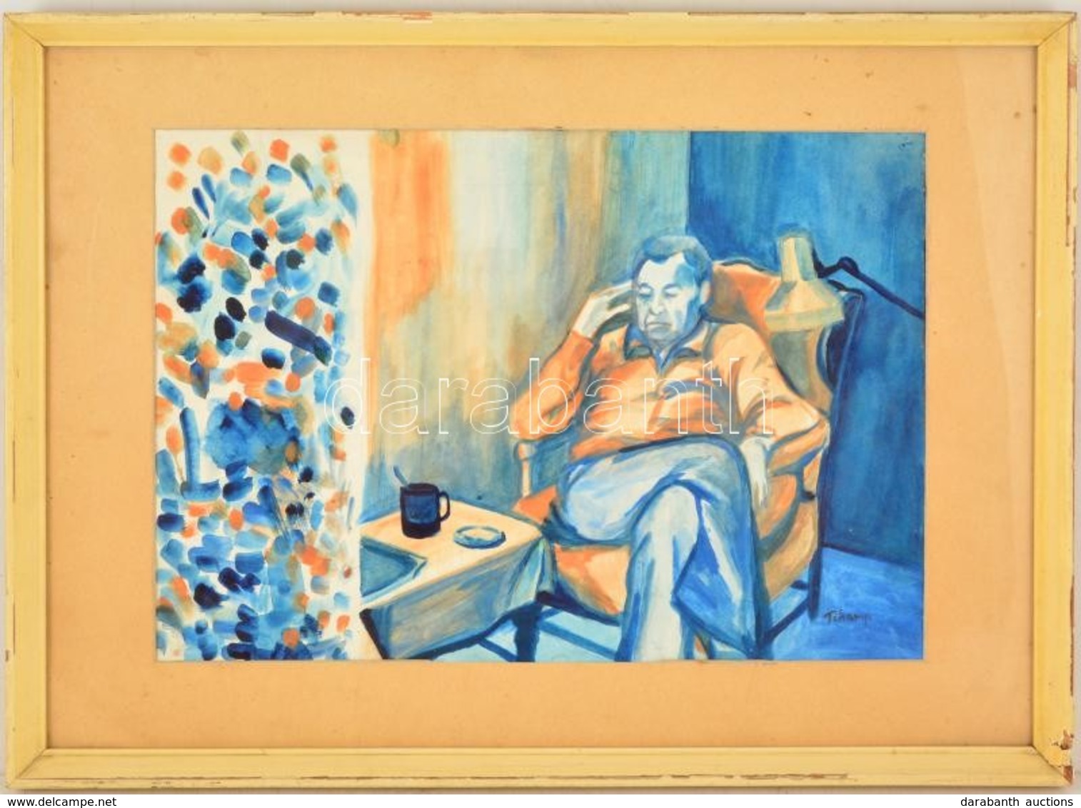 Tihanyi Jelzéssel: Szundikáló Férfi. Akvarell, Papír, üvegezett Keretben, 30×42 Cm - Andere & Zonder Classificatie