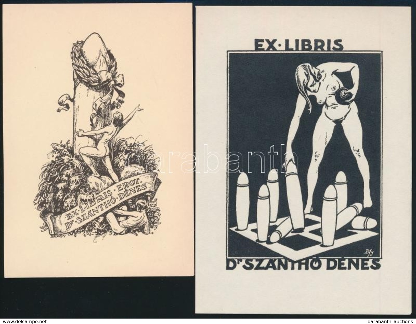 Dr. Szánthó Dénes Erotikus Ex Libris, 2 Db, Klisé, Papír, Jelzett, 13×9 és 14×10 Cm - Otros & Sin Clasificación