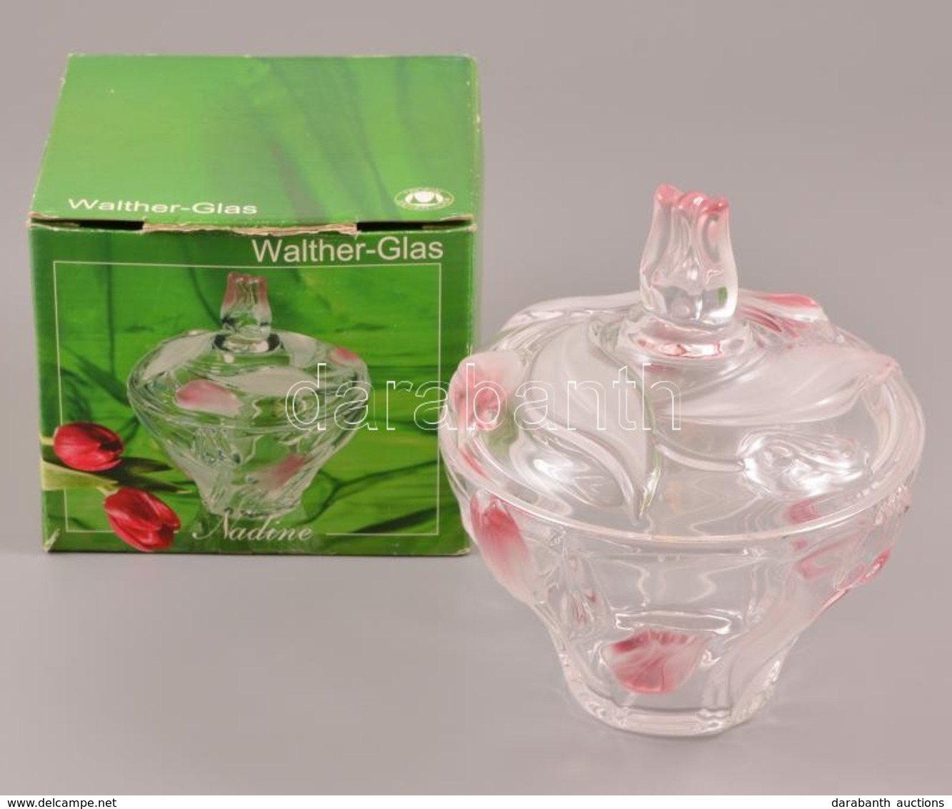 Walther-Glas Nadine üveg Tulipános Bonbonier, Hibátlan, Eredeti Dobozában, D: 15 Cm - Glas & Kristal
