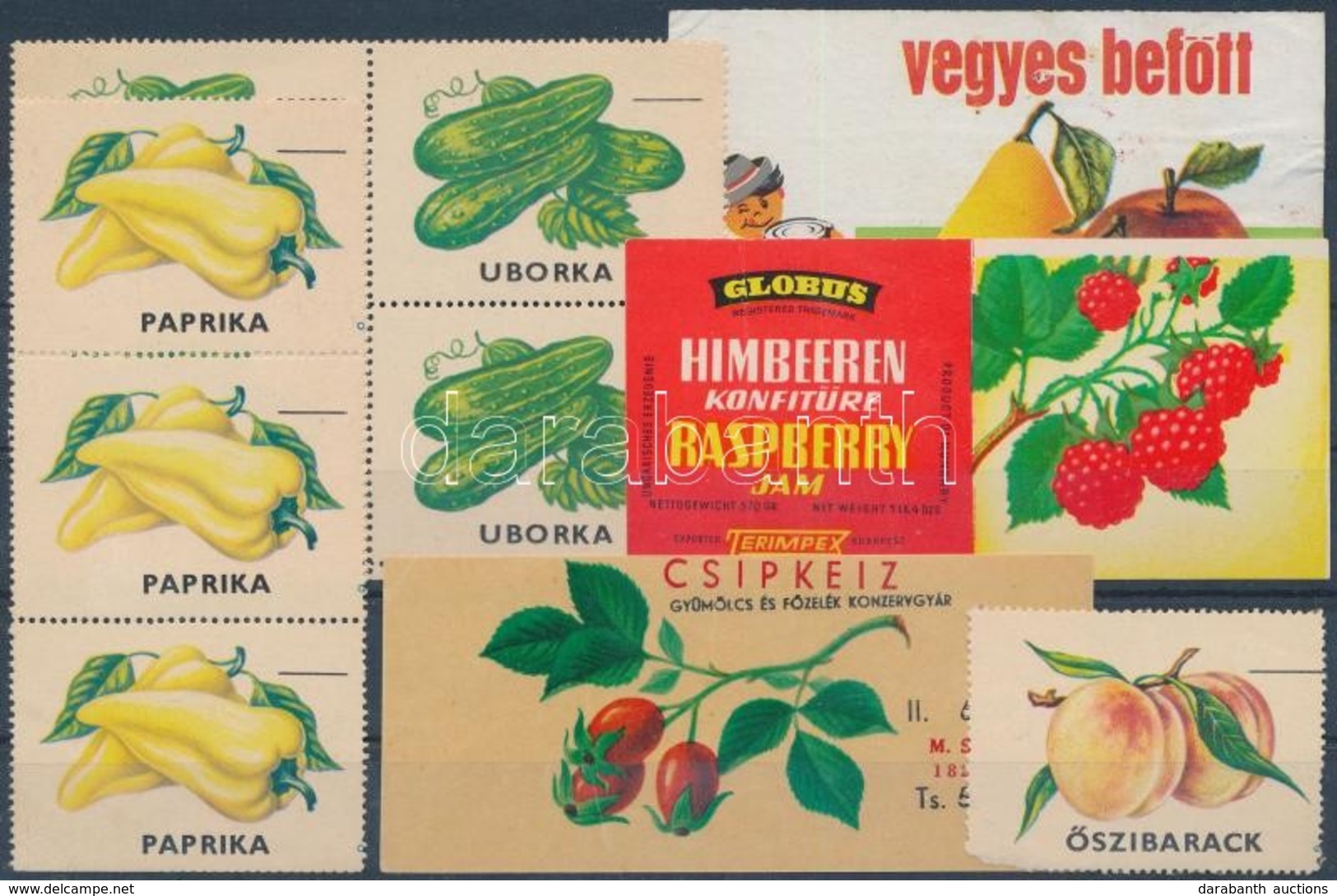 9 Db Zöldség és Gyümölcs Levélzáró Bélyeg, Benne összefüggések (uborka, Paprika, őszibarack, Stb - Zonder Classificatie