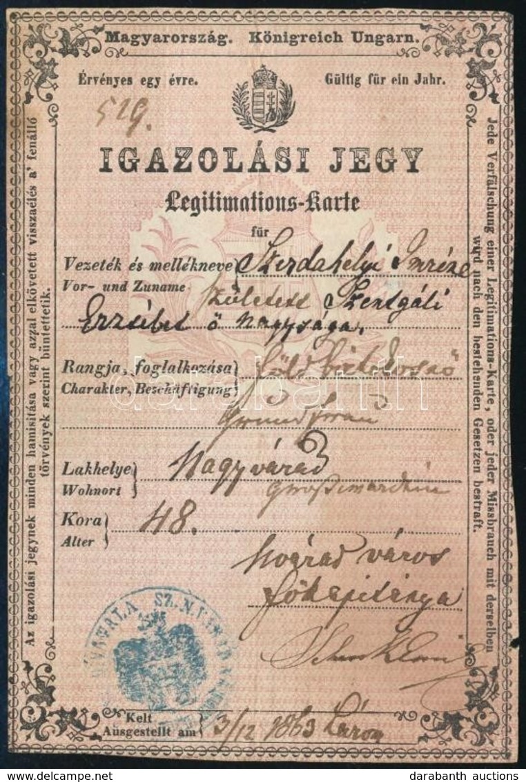 1863 Igazolási Jegy Nagyváradi Földbirtokosnő Számára / ID - Zonder Classificatie