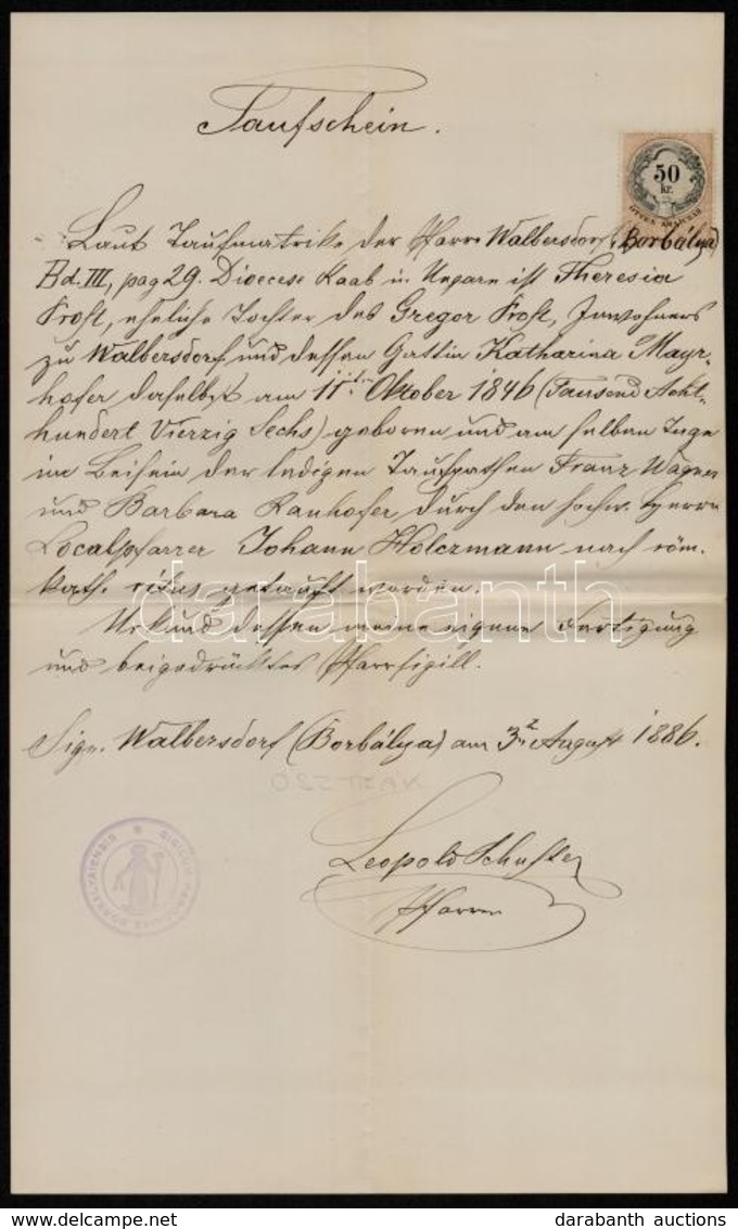 1870 Neusiedl (Nezsider), Walbersdorf, 2 Db Keresztelési Anyakönyvi Kivonat 2×50 Kr Okmánybélyeggel - Non Classés