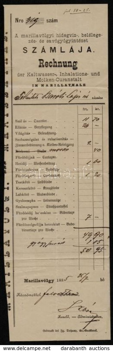 1885 Marillavölgy, Az Erdélyi Marillavölgyi Gyógyintézet Számlája Baróti Lajos (1856-1933) Irodalomtörténész Számára Kiá - Zonder Classificatie