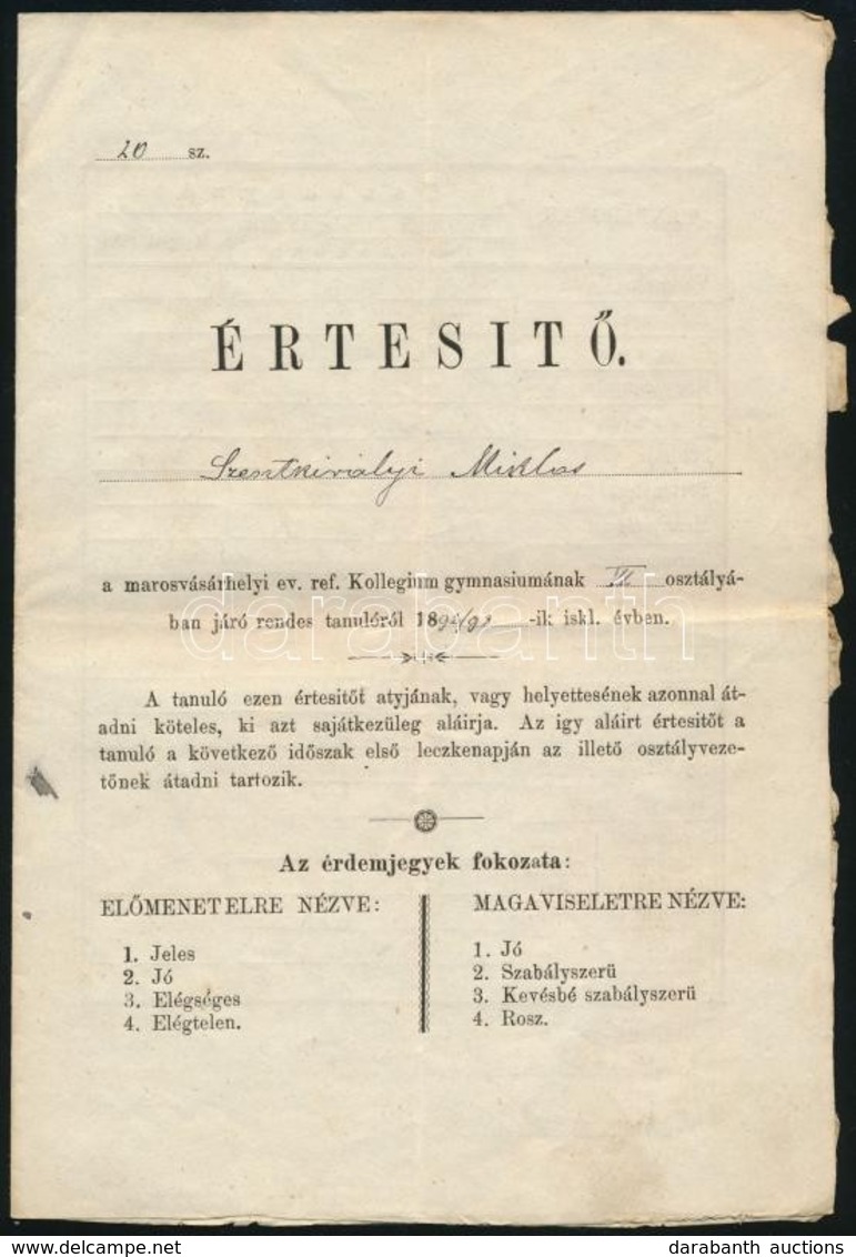 1893 Értesítő A Marosvásárhelyi Ev. Ref. Kollégium Gimnáziumának értesítője - Zonder Classificatie