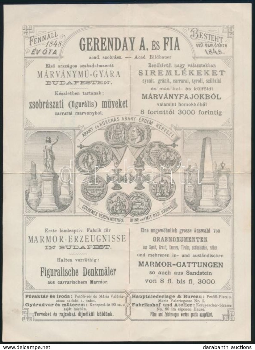 1896 Bp., Gerenday A. és Fia Akadémiai Szobrász Díszes Számlája, Okmánybélyeggel, Hajtogatva, De Jó állapotban - Zonder Classificatie