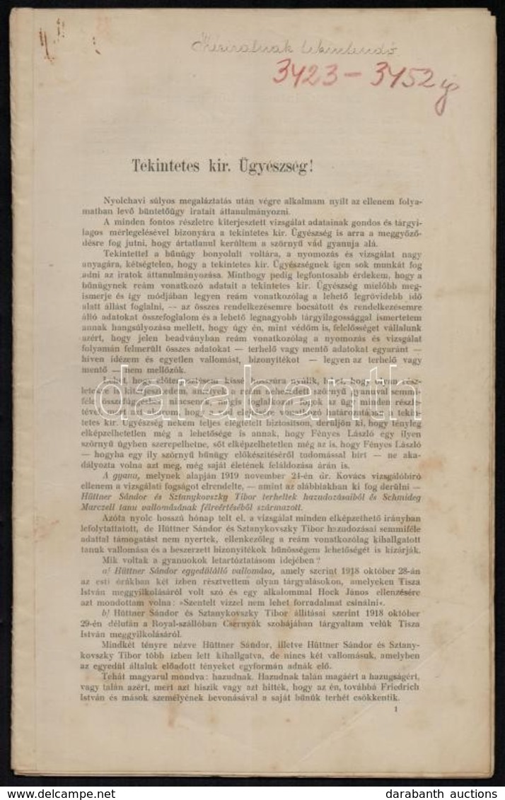 1920 Bp., A  Tekintetes Budapesti Királyi ügyészséghez Címzett Kérvény, 28p - Zonder Classificatie