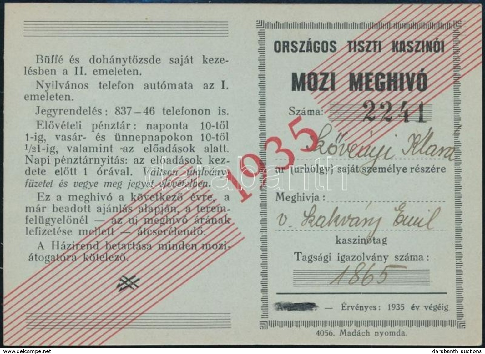 1935 Országos Tiszti Kaszinói Mozimeghívó - Zonder Classificatie