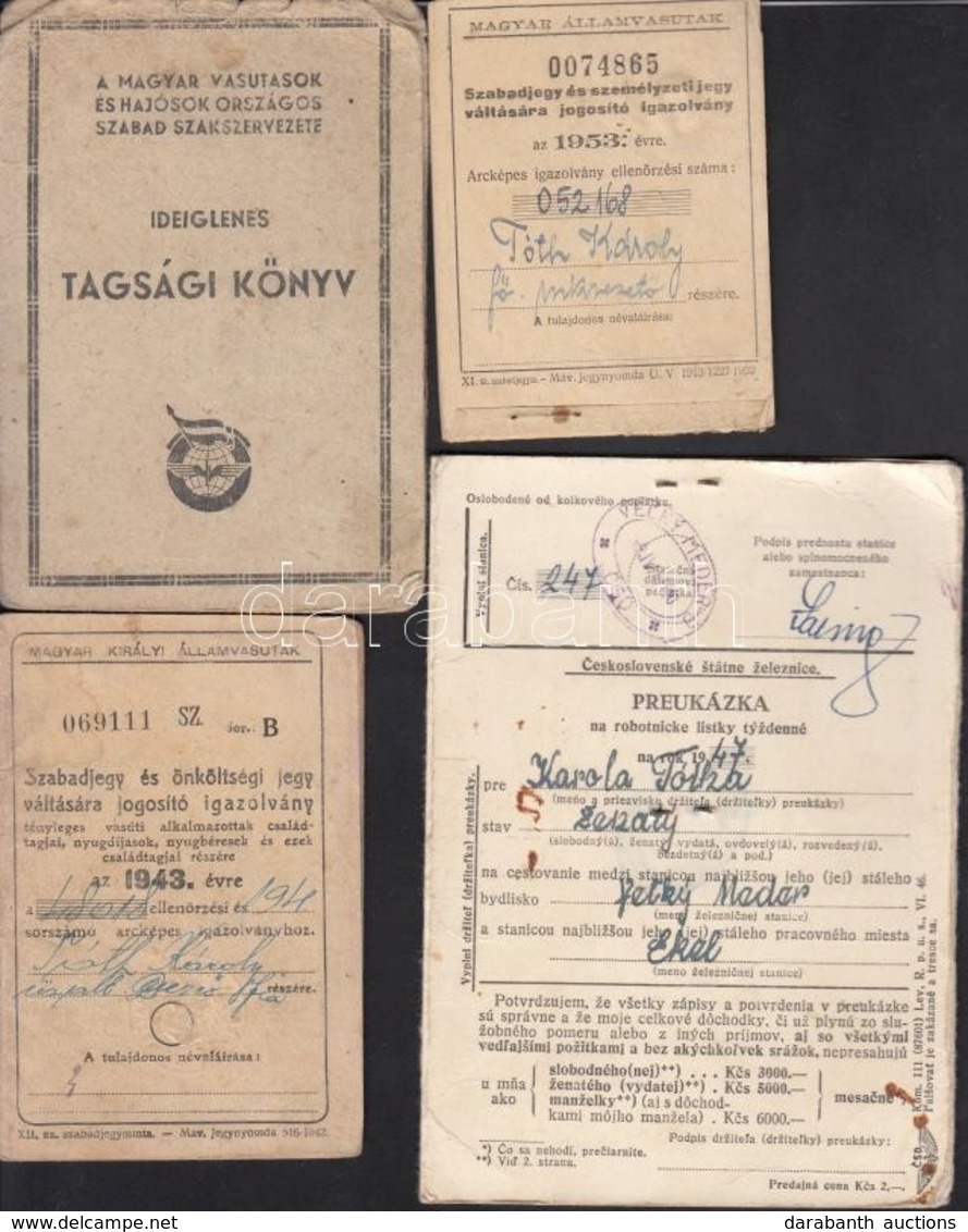 1943-1953 Vegyes Vasúti Okmány Tétel, 5 Db, Közte 1 Db Csehszlovák Igazolvánnyal, Valamint A Magyar Vasutasok és Hajósok - Zonder Classificatie