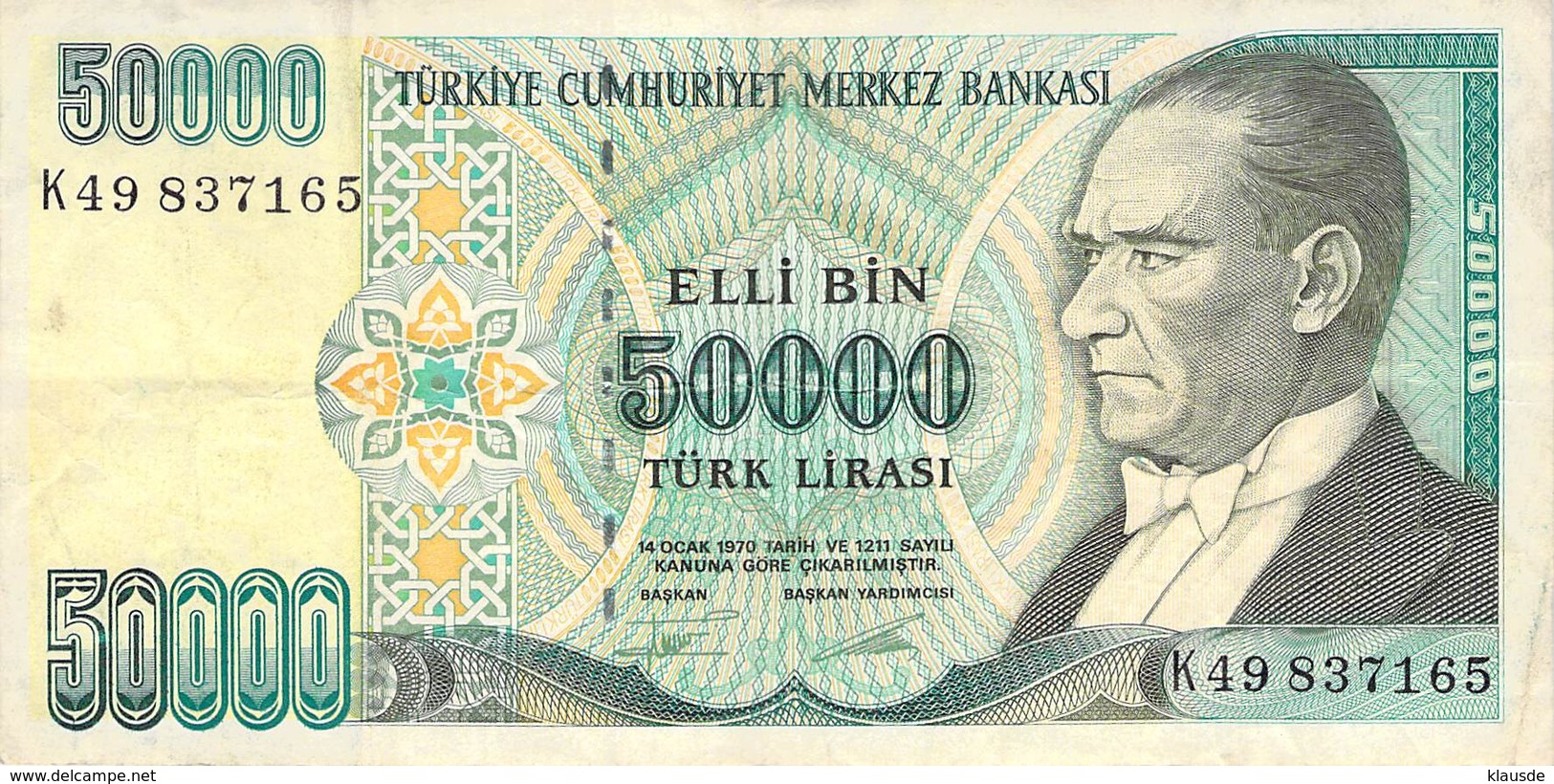 50000 Türk Lira Banknote Türkei VF/F (III) 1970 - Turquie