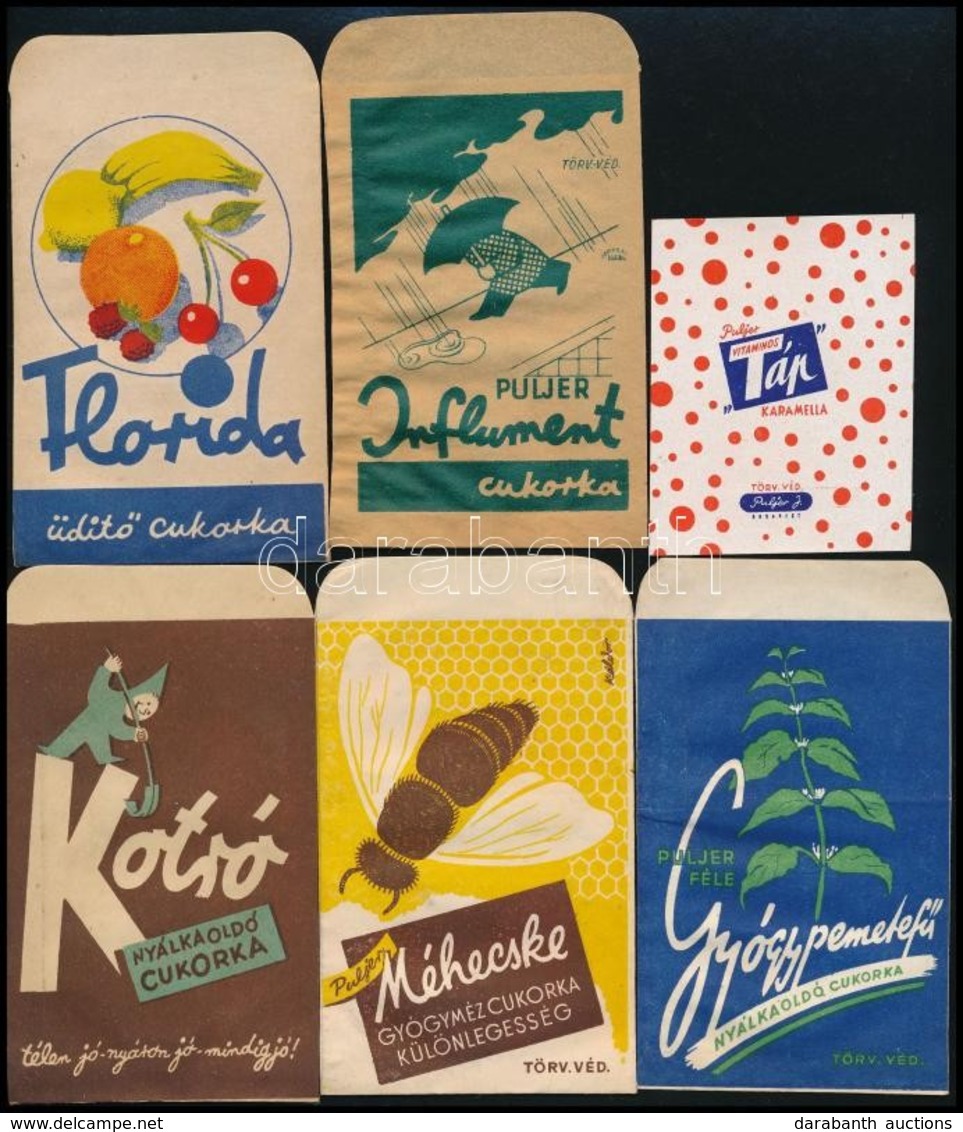 Cca 1940 6 Féle Gyógyszertári Gyógycukorka Reklámos Papírtasak és Címke (1 Db) / Pharmacy Pills Bags And Labels - Reclame
