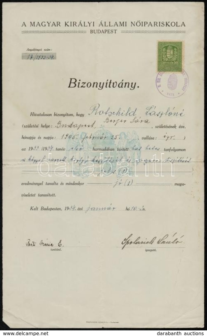 1934 Rotschild Lászlóné Kesztyűkészítő Bizonyítványa - Andere & Zonder Classificatie