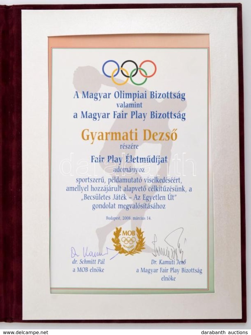 2008 Magyar Olimpiai Bizottság Fair Play életműdíj Oklevél Gyarmati Dezső (1927-2013) Olimpiai Bajnok Vízilabdázó Részér - Altri & Non Classificati