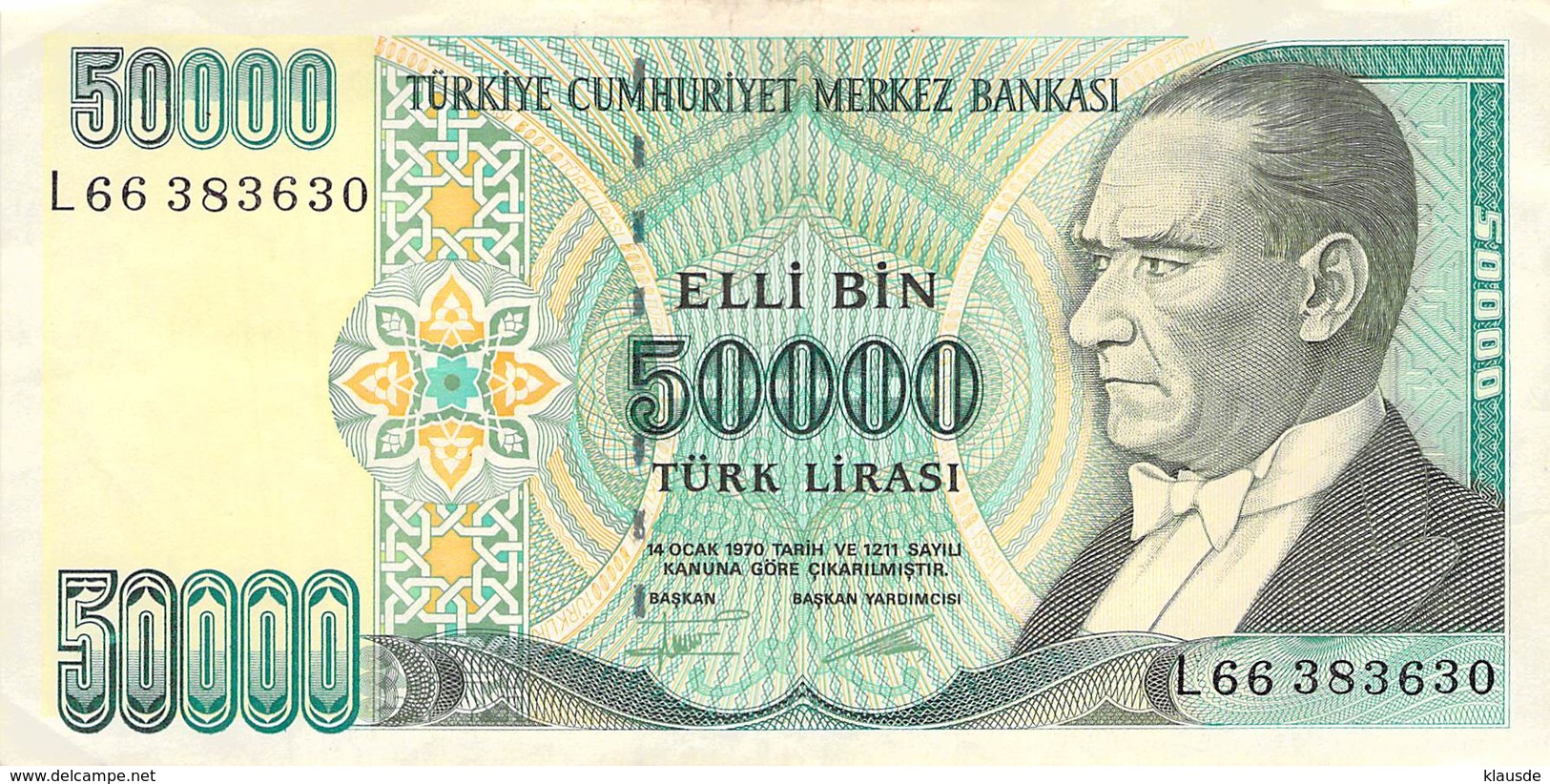 50000 Türk Lira Banknote Türkei VF/F (III) 1970 - Türkei