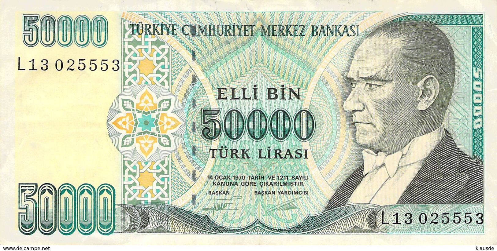 50000 Türk Lira Banknote Türkei VF/F (III) 1970 - Turquie