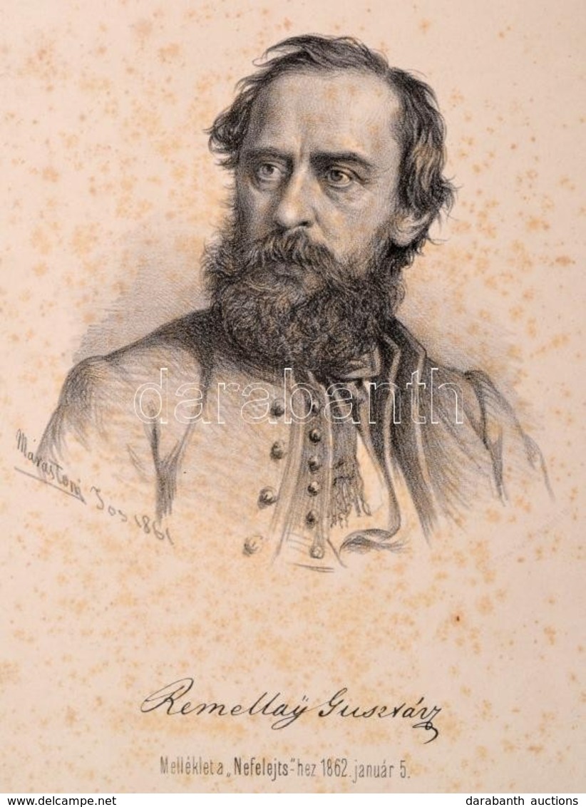 1862 Remellay Gusztáv (1819-1866) Ujságíró Kőnyomatos Képe. Marastoni József Munkája. 28x36 Cm. Foltos. - Unclassified