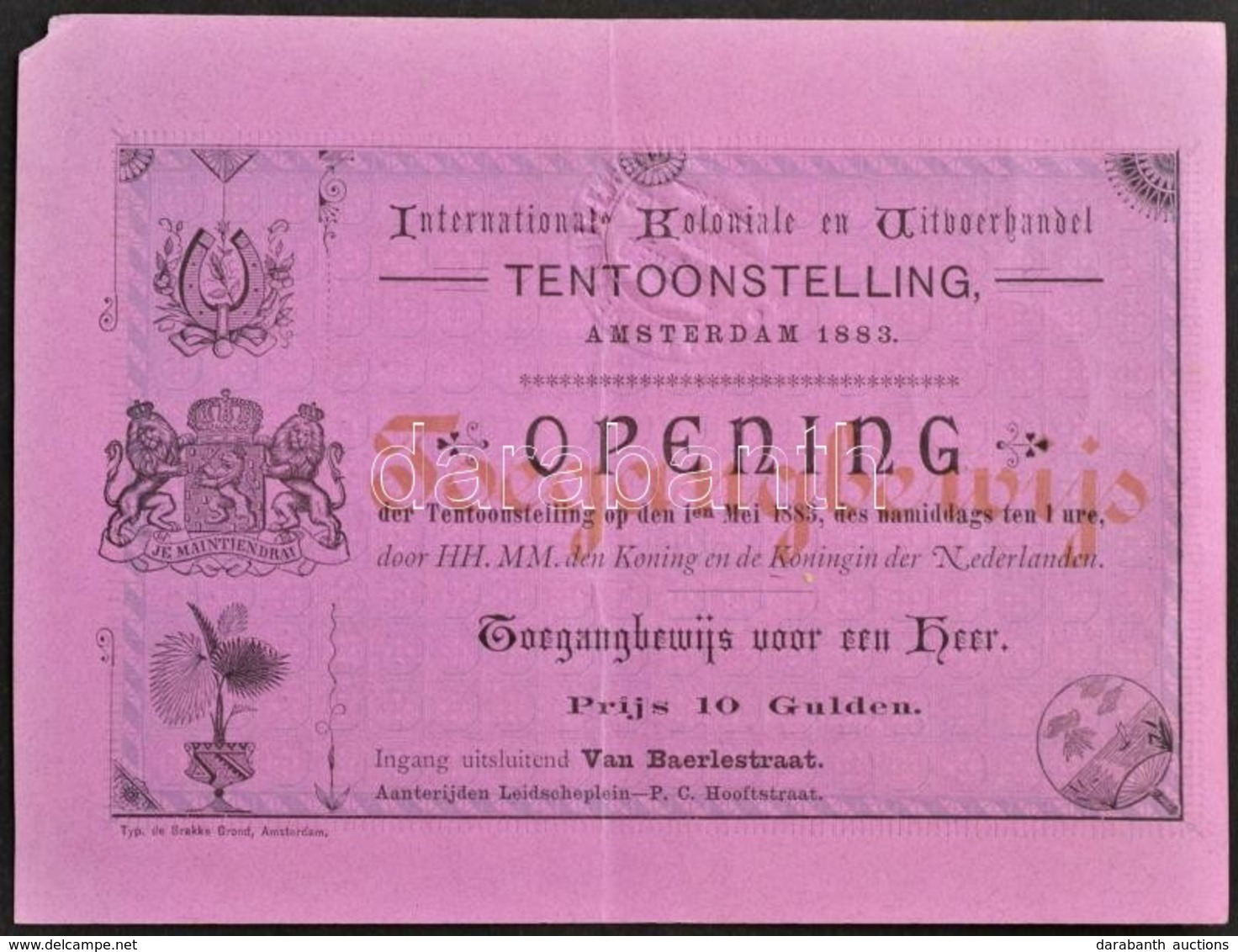 1883 Nemzetközi Gyarmati Kiállítás Sorszámozott Belépő / International Colonial Expo Numbered Entry Ticket. - Zonder Classificatie