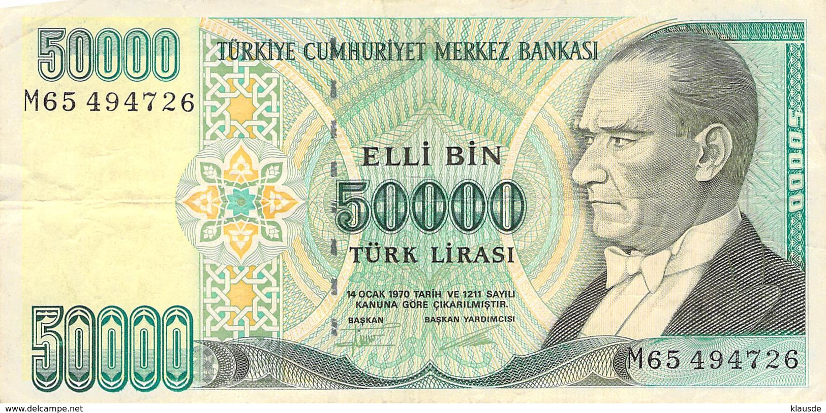 50000 Türk Lira Banknote Türkei VF/F (III) 1970 - Türkei