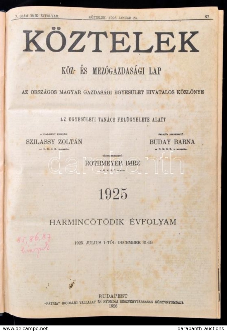 1925 Köztelek. Köz- és Mezőgazdasági Lap. Az Országos Magyar Gazdasági Egyesület Hivatalos Közlönye. Szerk.: Buday Barna - Zonder Classificatie