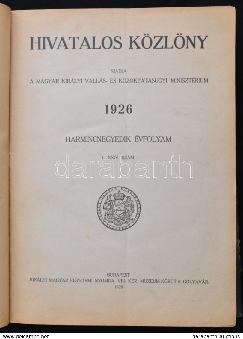 1926 HIvatalos Közlöny Teljes évfolyama Bekötve. Félvászon Kötésben. - Zonder Classificatie