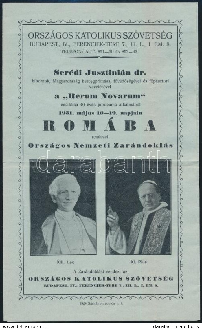 1931 Országos Nemzeti Zarándoklat Rómába A Rerum Novarum Enciklika 40 éves Jubileumára Serédi Jusztinián Szervezésében,  - Zonder Classificatie