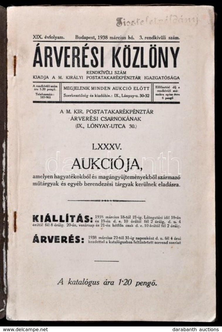 1938 Az Árverési Közlöny 19  évf.3. Rendkívüli Száma Benne Az Aukció Részletei, árak,fotók, Papírkötésben. - Zonder Classificatie