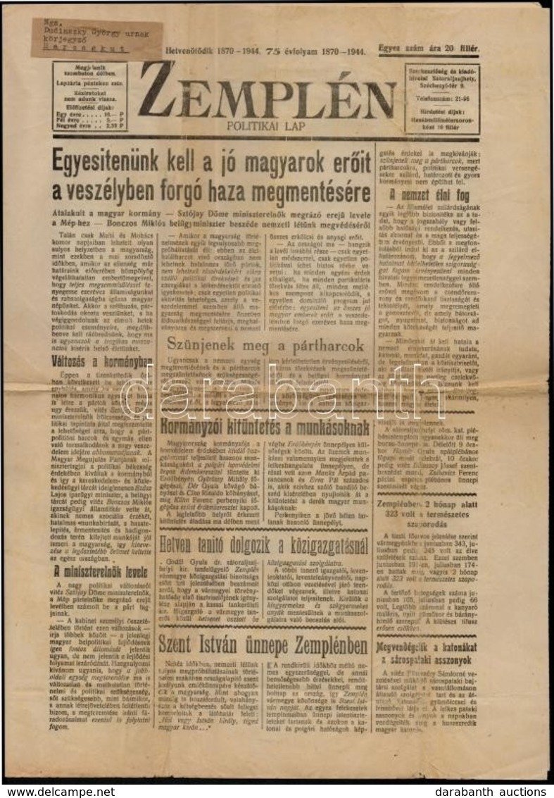 1944 Zemplén Politikai Lap Augusztus 19-diki Szám, 4p - Zonder Classificatie