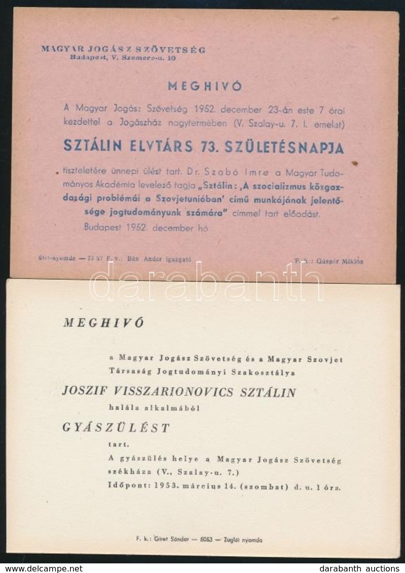1952-1953 Magyar Jogász Szövetség Sztálin 73. Születésnapjára Rendezett ünnepi ülésének, és Halála Alkalmából Rendezett  - Zonder Classificatie