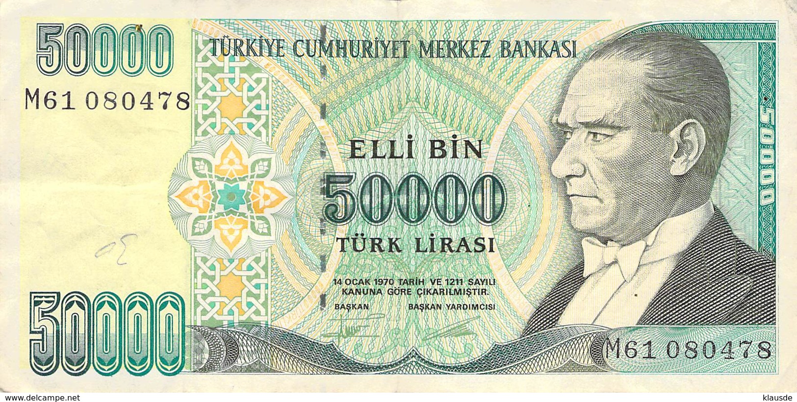 50000 Türk Lira Banknote Türkei VF/F (III) 1970 - Turquie