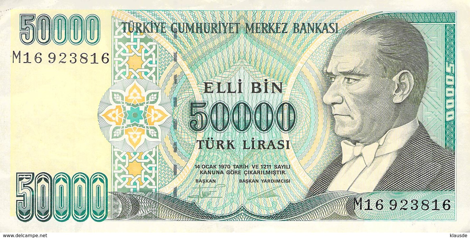 50000 Türk Lira Banknote Türkei VF/F (III) 1970 - Turquie