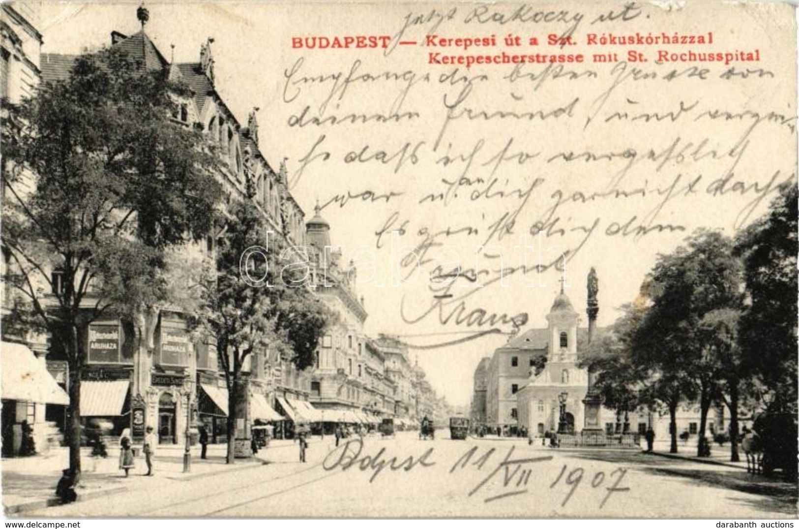 T2/T3 1907 Budapest VIII. Rákóczi út (Kerepesi út), Rókus Kórház, Templom, Villamos, Köztisztviselők áruháza, Singer Var - Zonder Classificatie