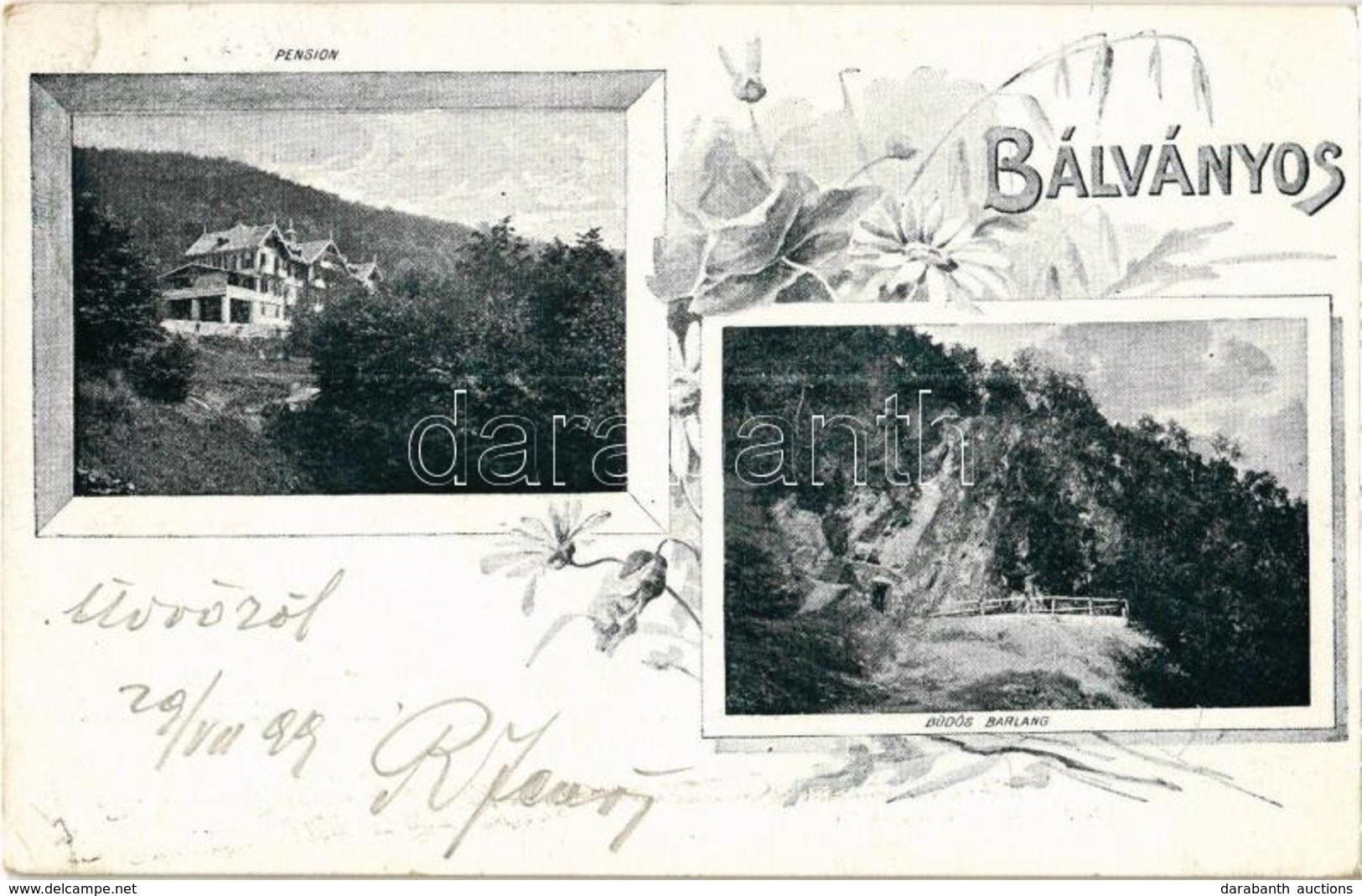 T2 1899 Bálványosfürdő, Baile Balvanyos (Torja, Turia); Büdös-barlang, Szálloda, Pension / Cave, Hotel. Floral - Zonder Classificatie