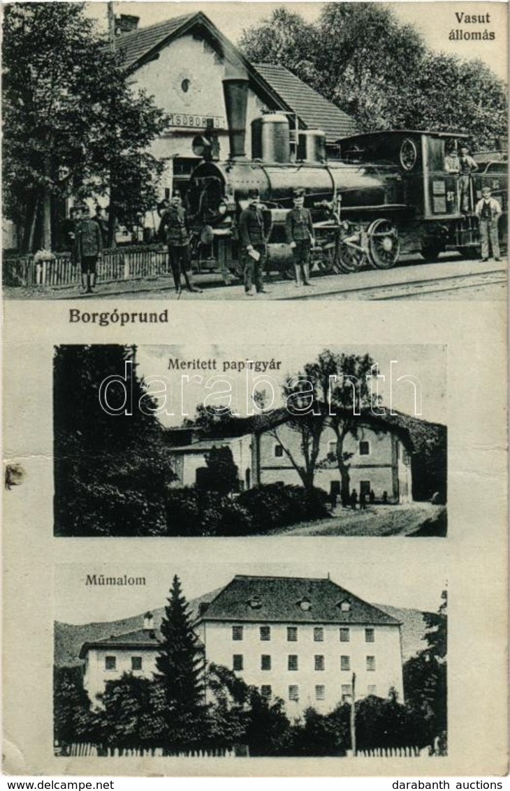 T3 1917 Borgóprund, Prundu Bargaului;  Vasútállomás, Gőzmozdony, Vasutasok, Merített Papírgyár, Műmalom, Hengermalom / B - Zonder Classificatie