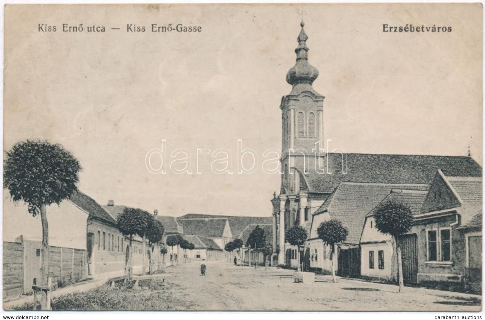 * T4 1918 Erzsébetváros, Dumbraveni; Kiss Ernő Utca, Mechitarista Templom. Kiadja Gustav Binder / Street View, Church (á - Zonder Classificatie