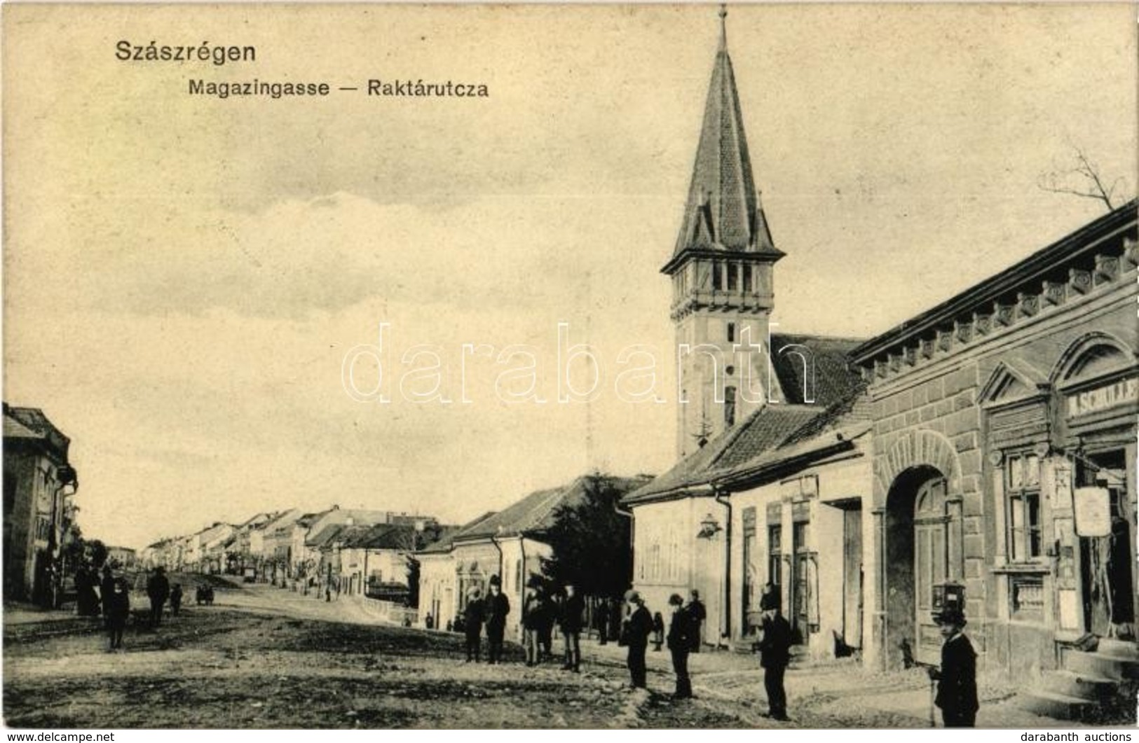 T2 1912 Szászrégen, Reghin; Raktár Utca, M. Schuller üzlete, Templom / Magazingasse / Street, Shop, Church - Zonder Classificatie