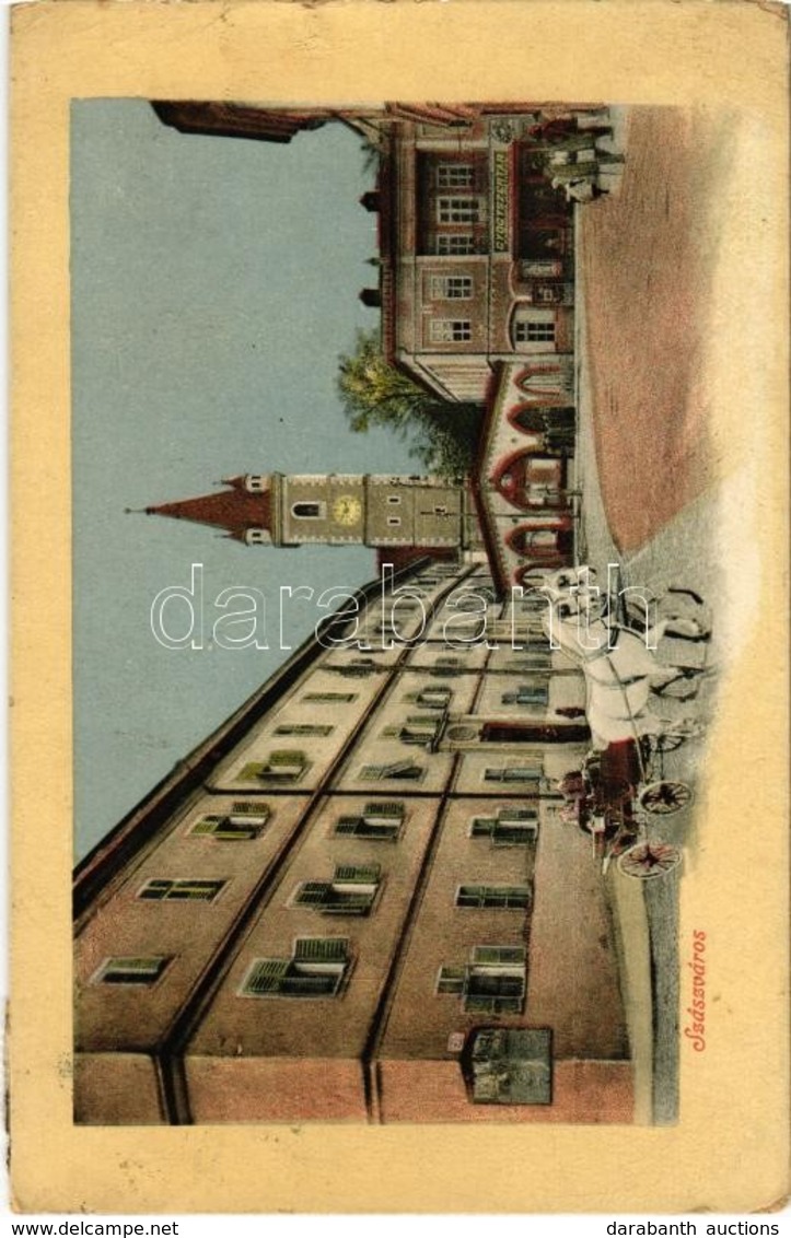 T2/T3 1911 Szászváros, Broos, Orastie; Utcakép, Gyógyszertár, Hintó / Street, Pharmacy, Horse Chariot (EK) - Zonder Classificatie