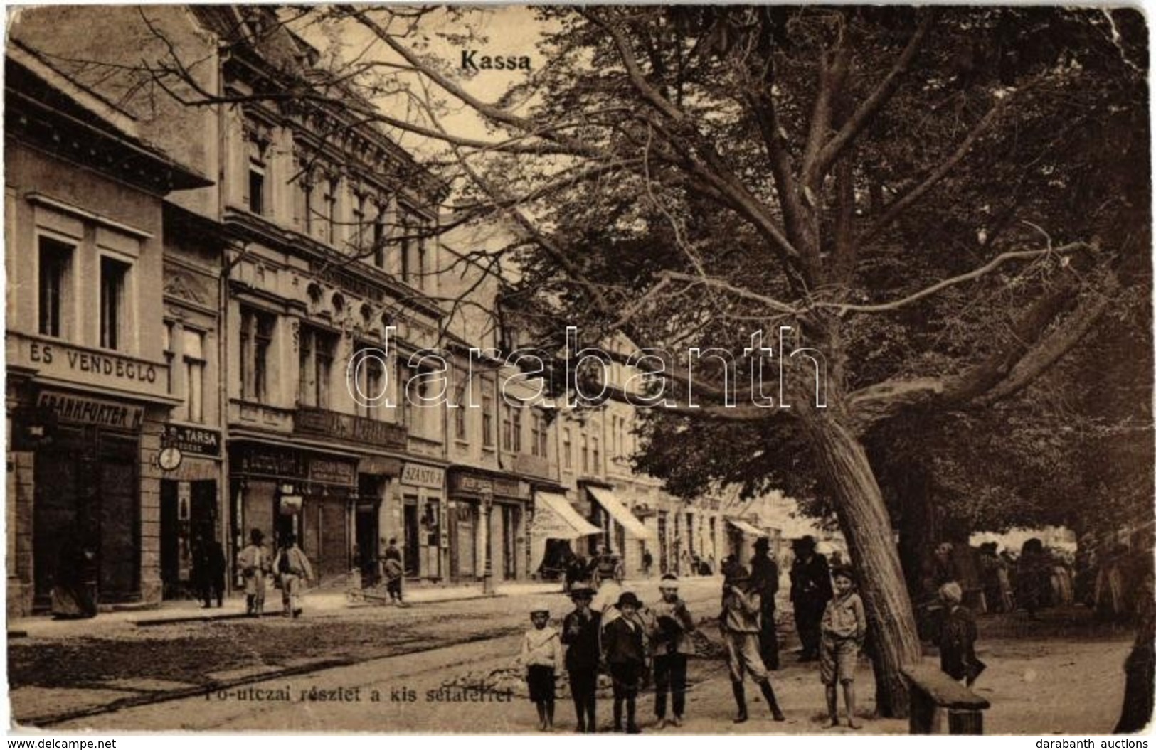 T2/T3 1907 Kassa, Kosice; Fő Utca Kis Sétatérrel, Kávéház és Vendéglő, étterem, Frankfurter N., Szántó A. üzlete, Kassai - Zonder Classificatie