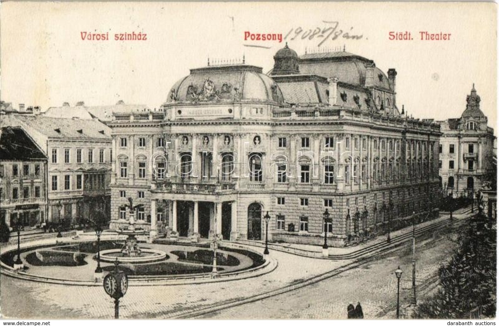 T2 1908 Pozsony, Pressburg, Bratislava; Városi Színház, üzletek. Kaufmann's 'Bediene Dich Allein' 495. / Städt. Theater  - Zonder Classificatie