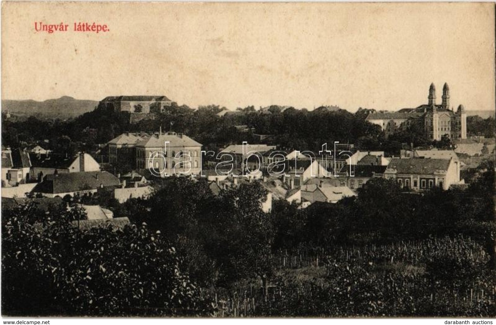 * T3 Ungvár, Uzshorod, Uzhorod; Látkép, Vár. Kiadja Steinfeld Dezső 1608. / General View With Castle (ragasztónyom / Glu - Non Classificati