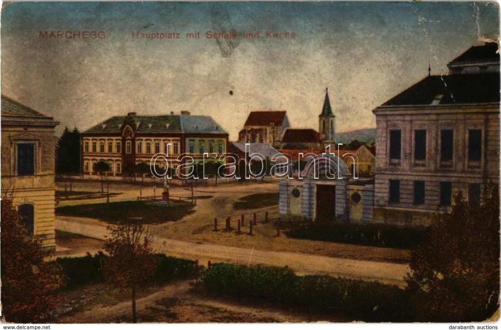T3 1915 Marchegg, Hauptplatz Mit Schule Und Kirche. Verlag Leop. Thomann / Main Square, School And Church + Von Der Arme - Zonder Classificatie