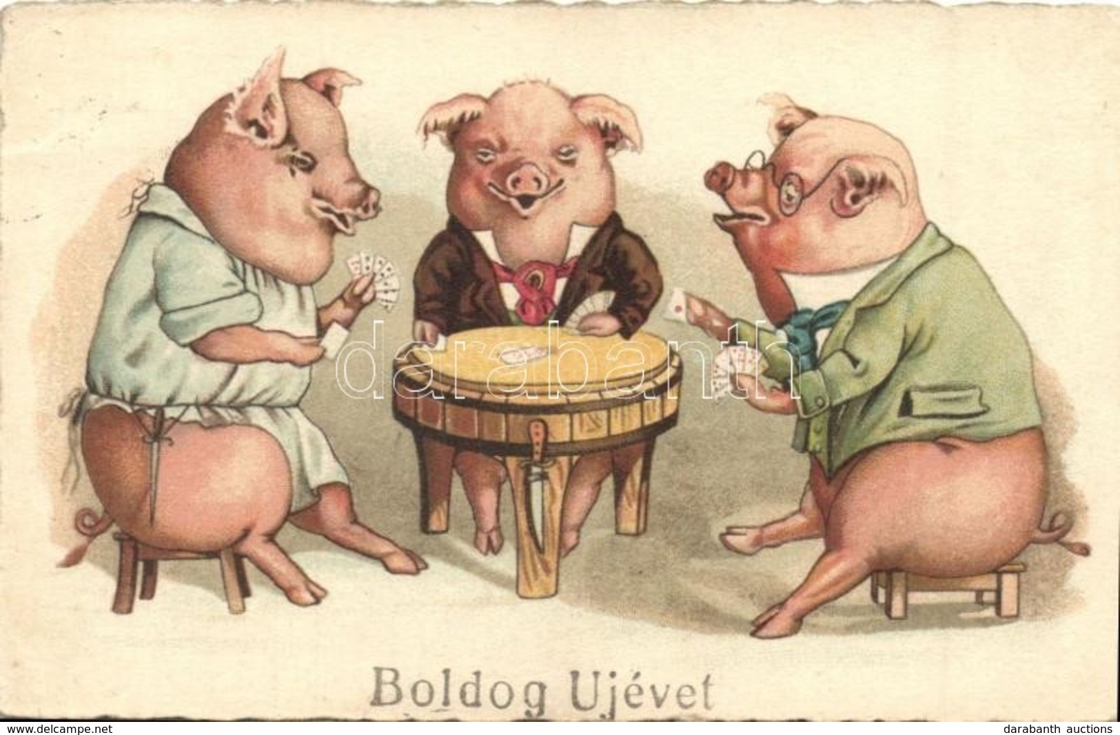 T2/T3 Boldog Újévet! / Pigs Playing Card Game. Litho - Unclassified