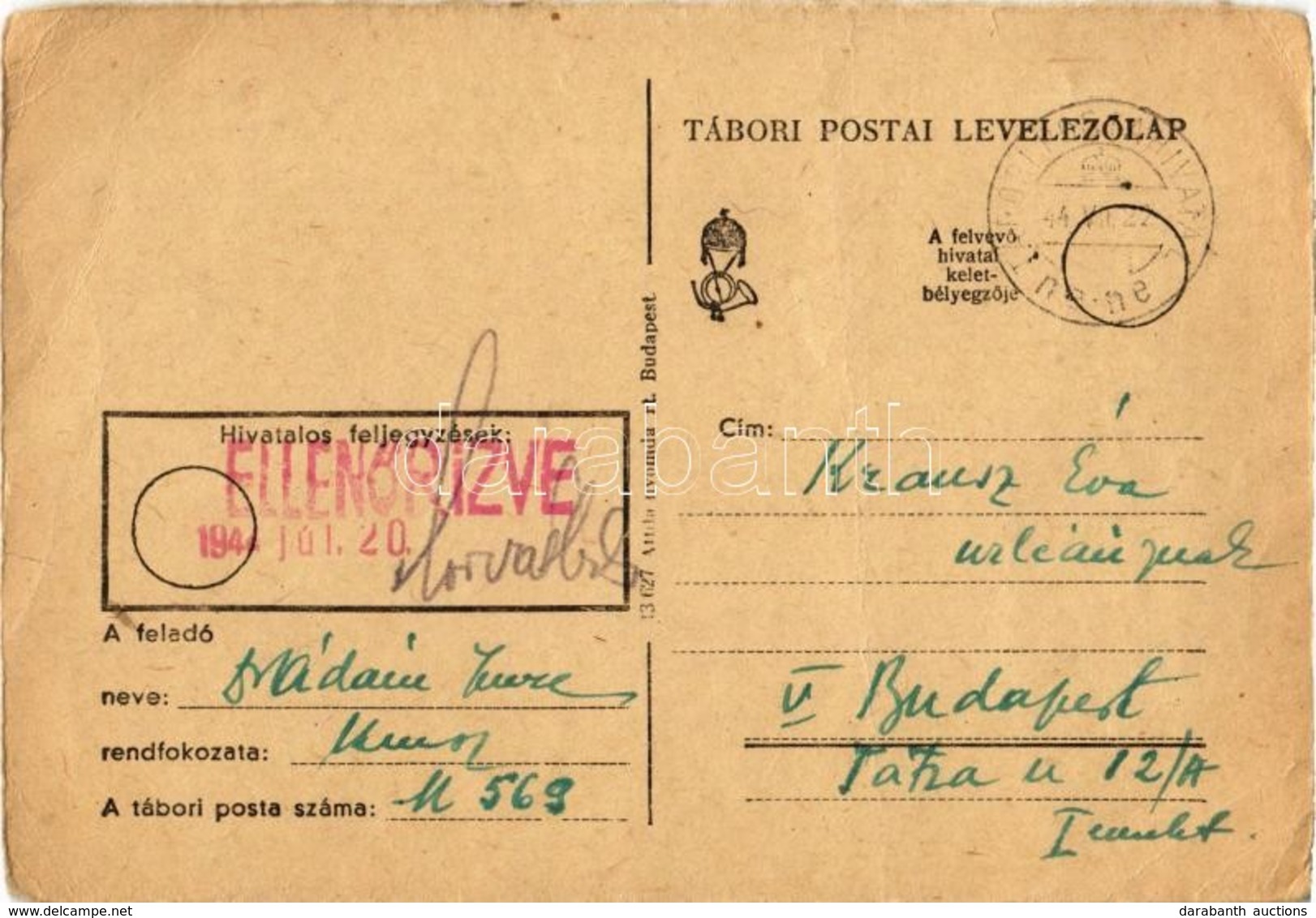 T3 1944 Dr. Ádám Imre U569 Zsidó KMSZ (közérdekű Munkaszolgálatos) Levele Szerelmének Krausz Évának / WWII Letter Of A J - Zonder Classificatie