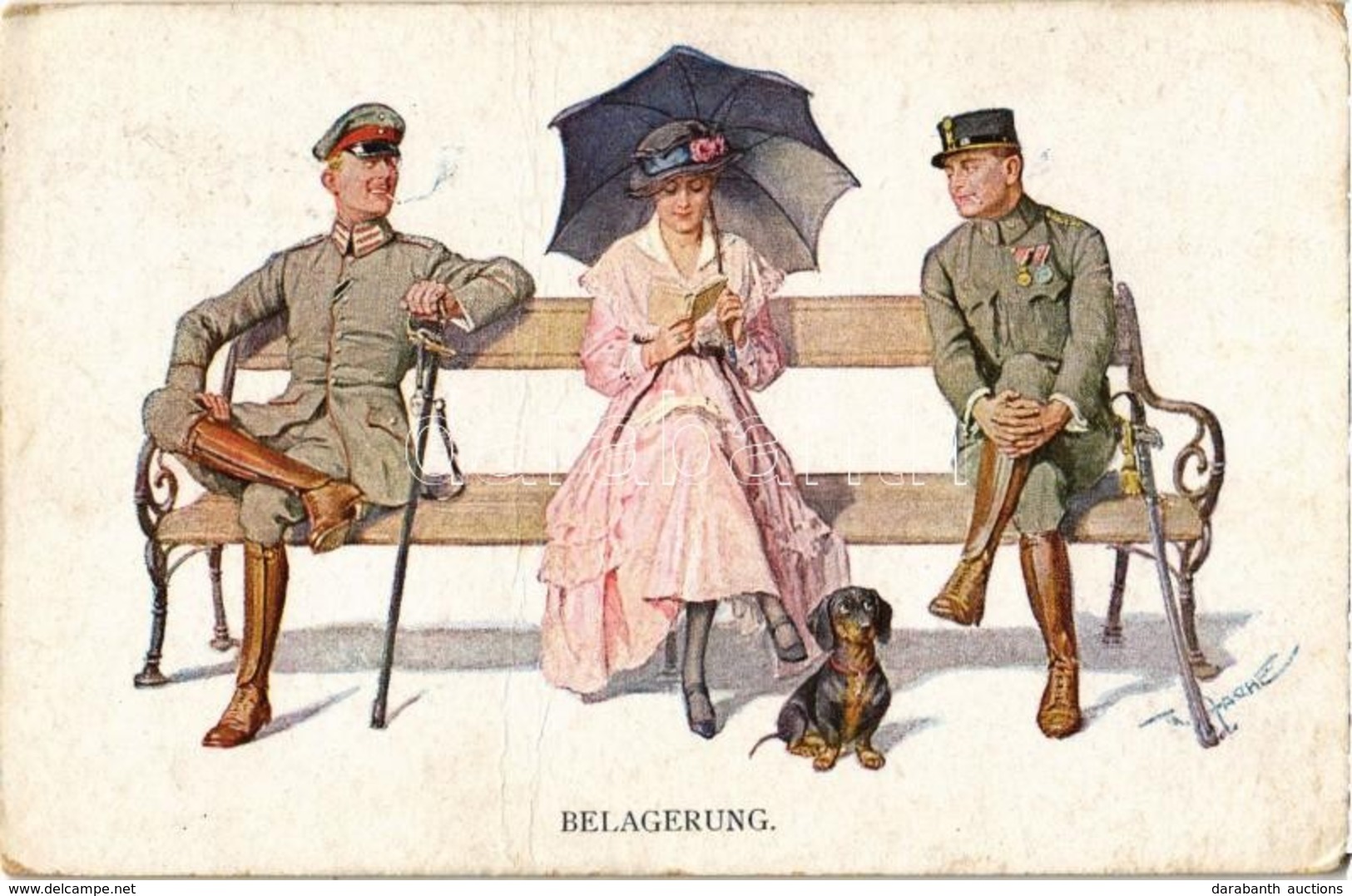 T2 Belagerung / Lady With Dachshund Dog, Between Two Flirting Military Officers. M. Munk Wien Nr. 1119. S: Zasche - Zonder Classificatie