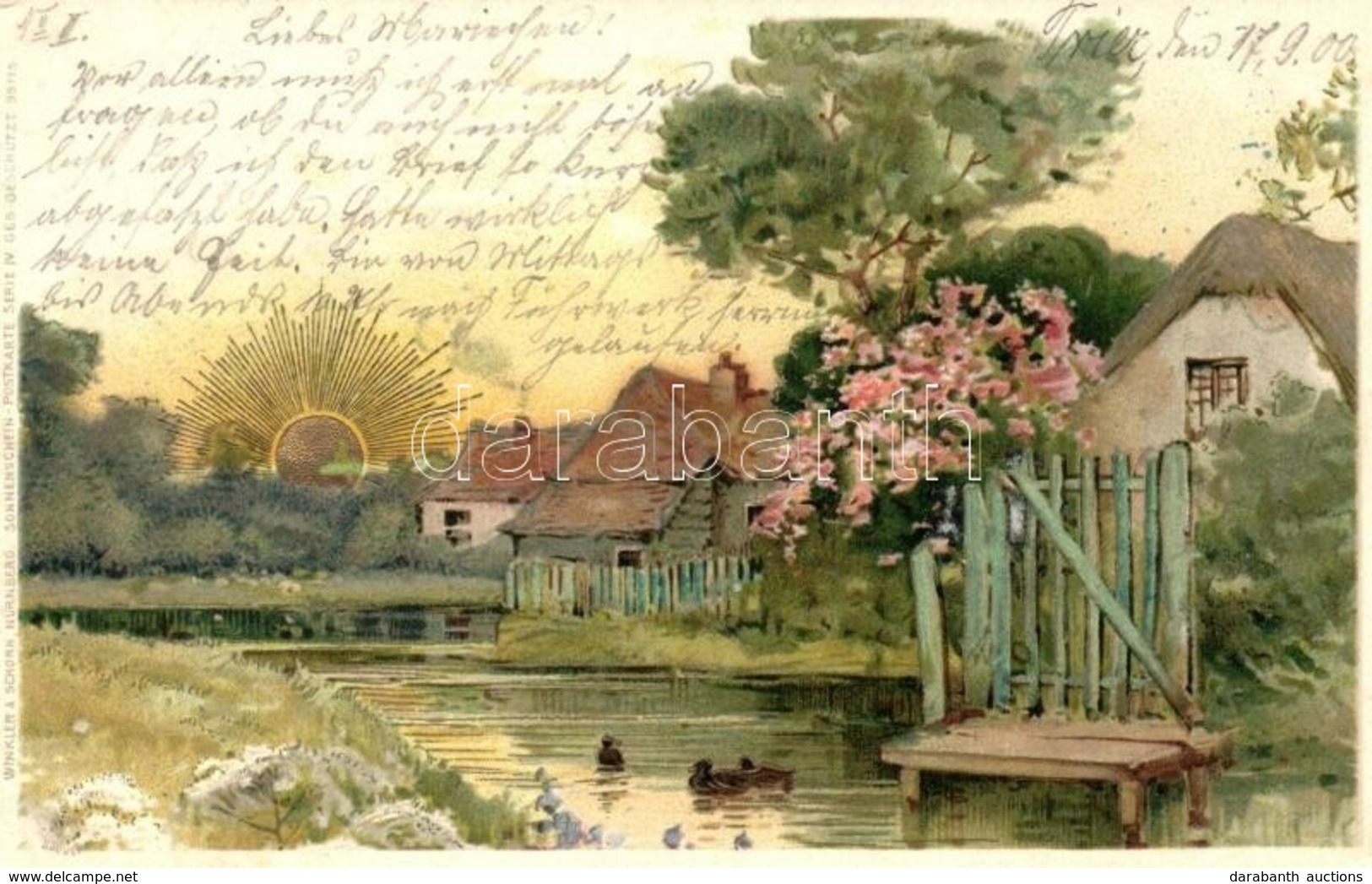 T2 Ducks, Houses, Cherry Tree, Winkler & Schorn Sonnenschein-Postkarte Serie IV., Golden Decoration Litho - Zonder Classificatie