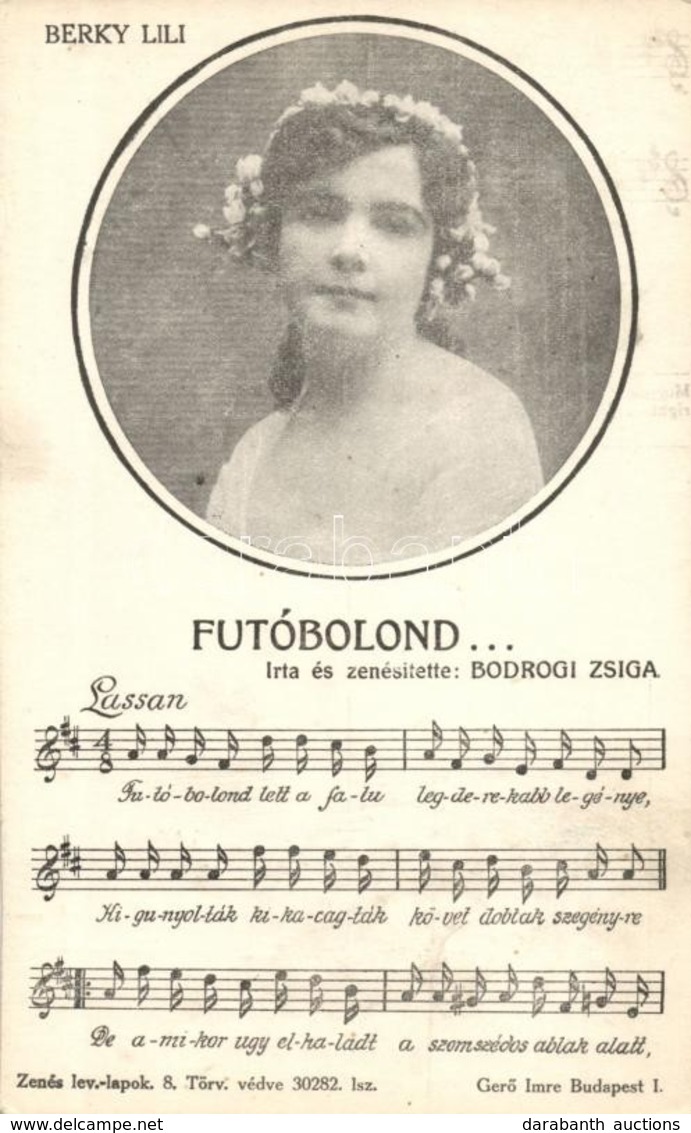 ** T2 Berky Lili, Futóbolond; írta és Zenésítette Bodrogi Zsiga. Kottás Képeslap / Sheet Music - Zonder Classificatie