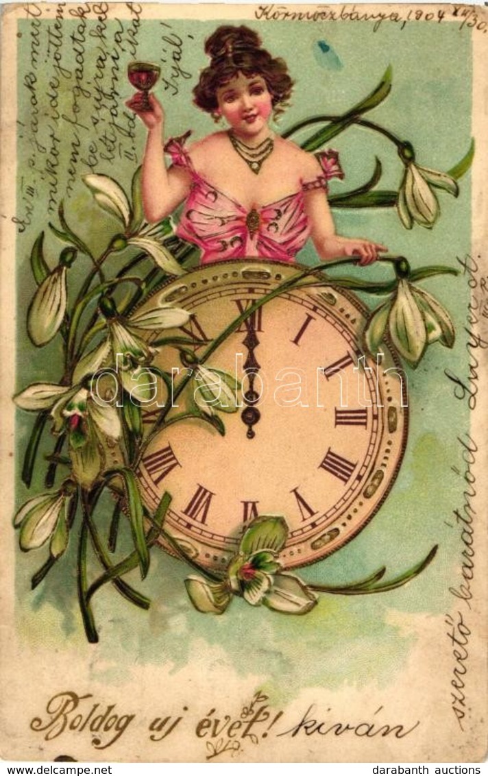T2/T3 'Boldog új évet!' / New Year, Lady With Clock, Floral, Golden Decorated, Litho, Emb. (EK) - Zonder Classificatie
