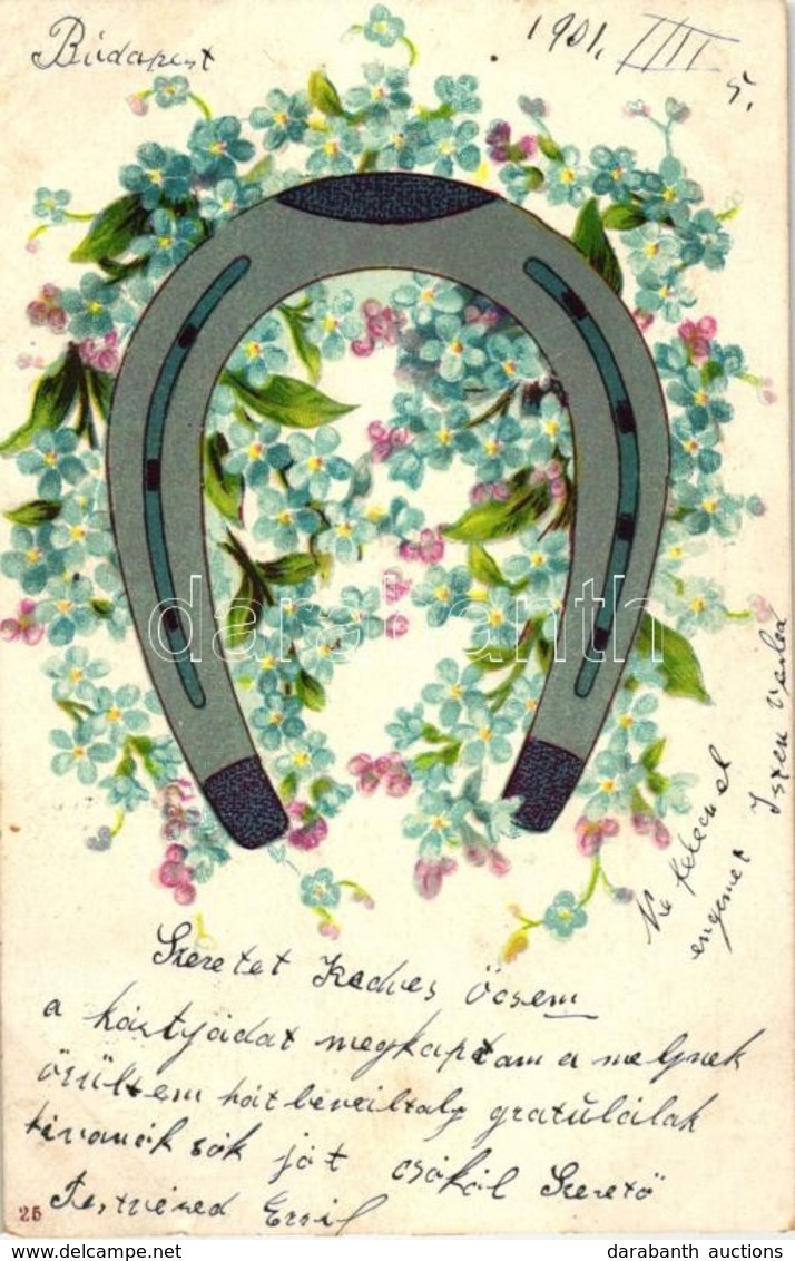 T2 Greeting Card With Horseshoe, Floral, Litho - Zonder Classificatie