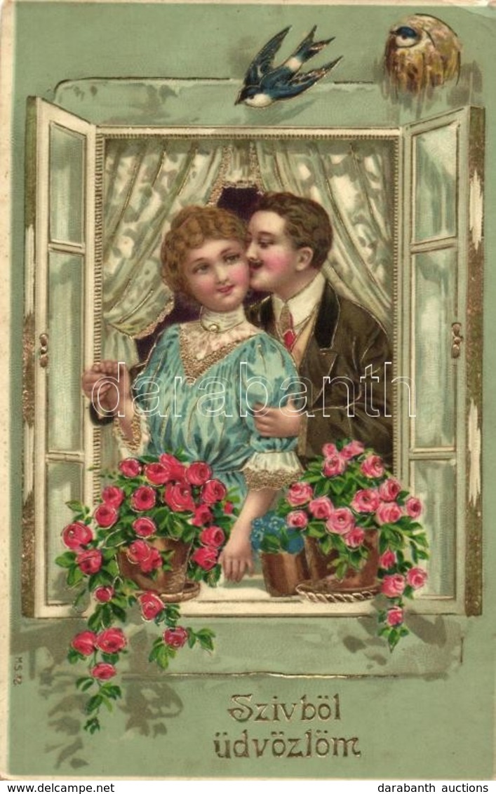 T2/T3 Love Greeting Card, Couple, Swallows, Floral, Golden Litho (EK) - Zonder Classificatie