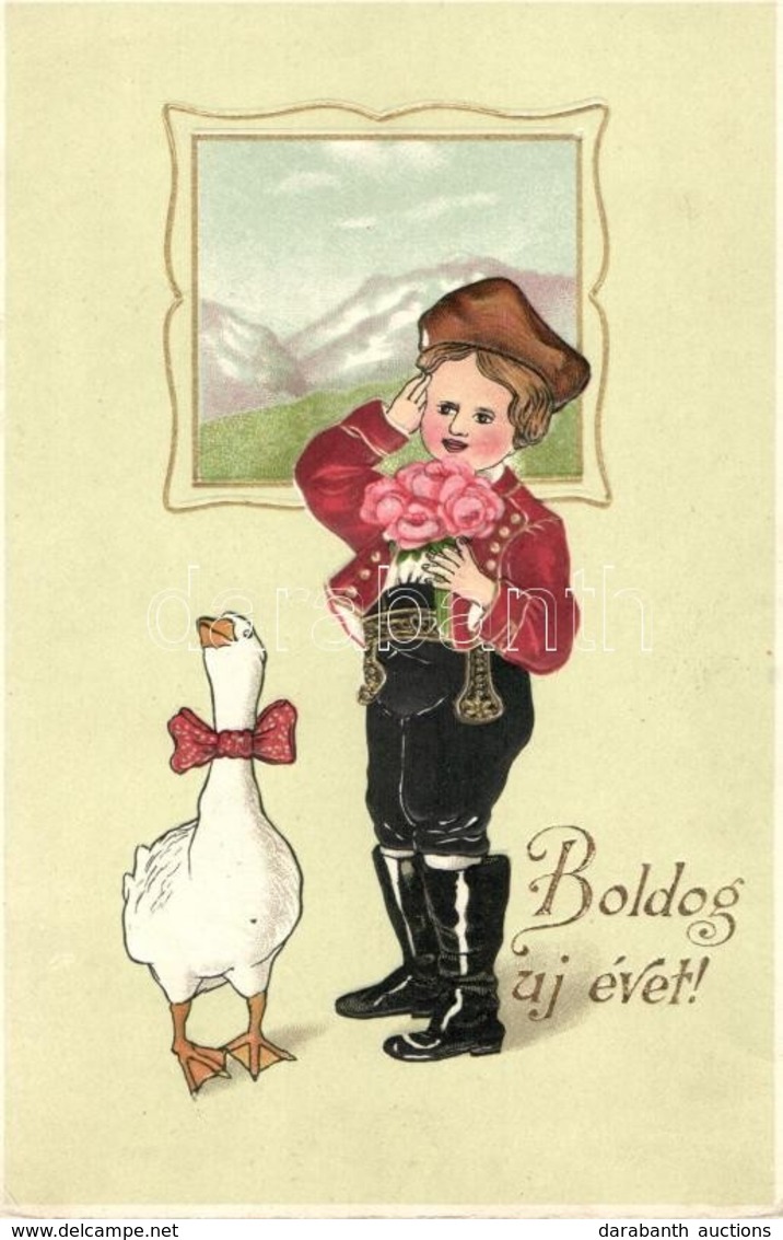 T2/T3 'Boldog új évet!' / New Year, Child In Traditional Dress, Folklore, Goose With Bowtie, Erika No. 2575, Litho, Emb. - Zonder Classificatie