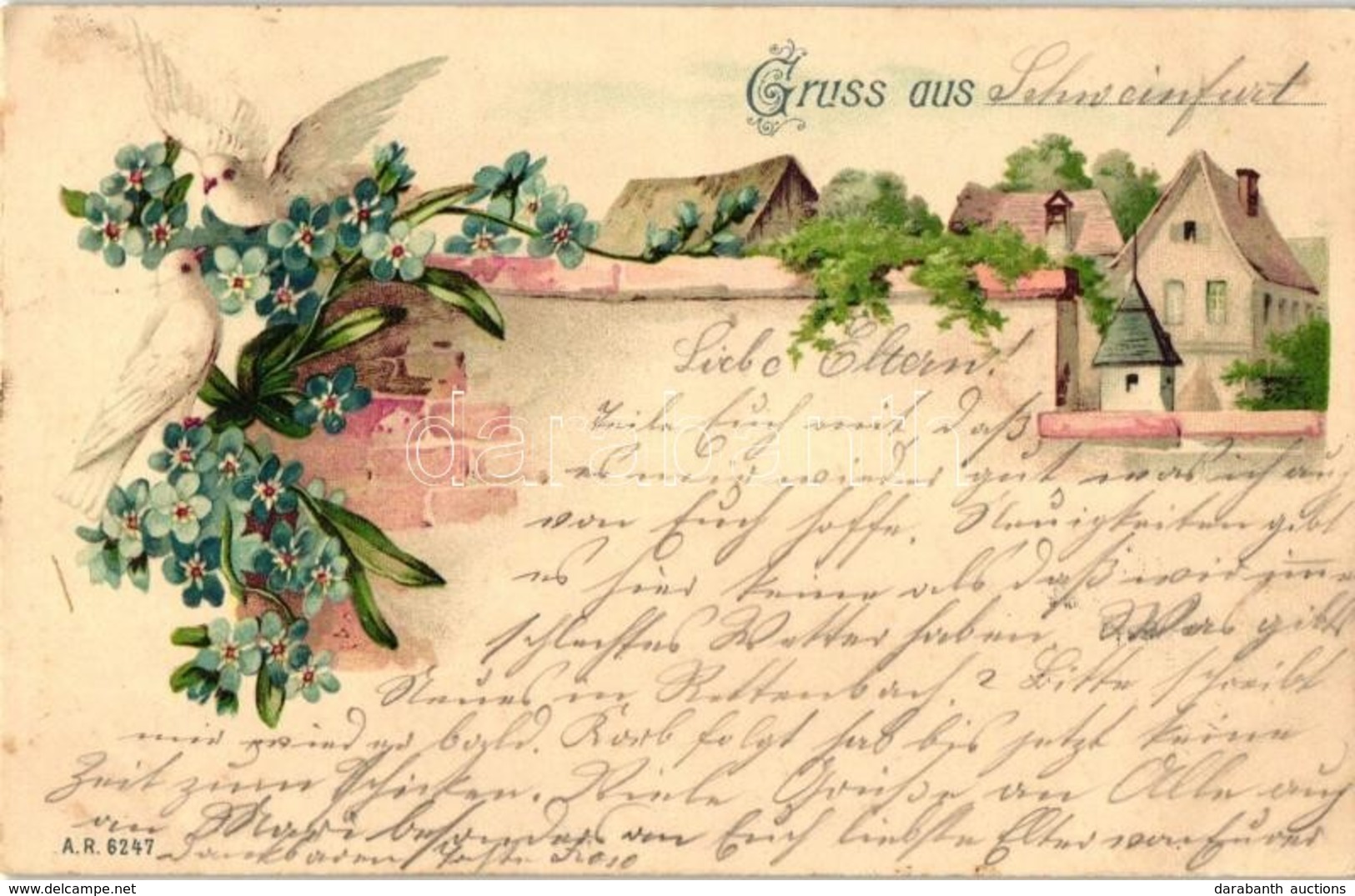 T2 Floral Greeting Card, Doves, A.R. 6247. Litho - Ohne Zuordnung